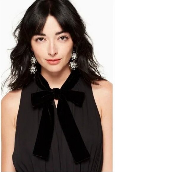 Kate Spade Black Tie Neck Jumpsuit, Cropped Wide Leg with Velvet Trim, sz 6 - Picture 3 of 9